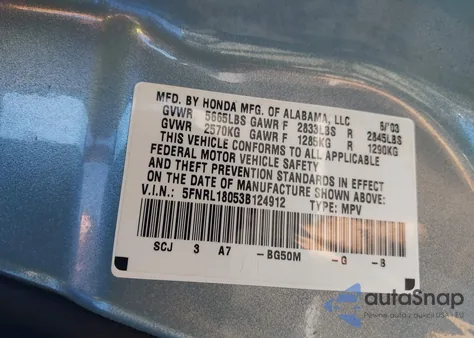 2003 Honda Odyssey Ex-L z USA, uszkodzony, nr VIN 5FNRL18053B124912